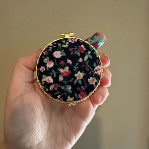 Floral Compact Mirror with Gold Trim - Black & Pink